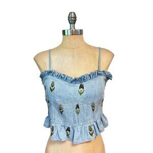 Lug Von Siga Women Blue Monica Tulip-Embroidered Ruffled Top Size 40 US 6 $353